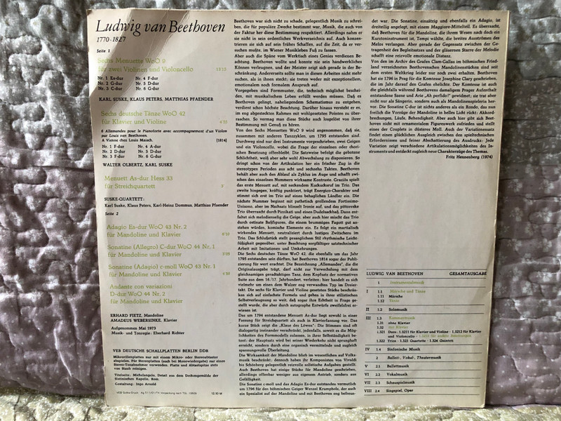 Ludwig Van Beethoven: Tänze (WoO 9, WoO 42 und Hess 33) - Suske-Quartett, Walter Olbertz, Werke Für Klavier Und Mandoline, Amadeus Webersinke, Erhard Fietz / Ludwig van Beethoven Gesamtausgabe / ETERNA LP Stereo 1974 / 8 26 504