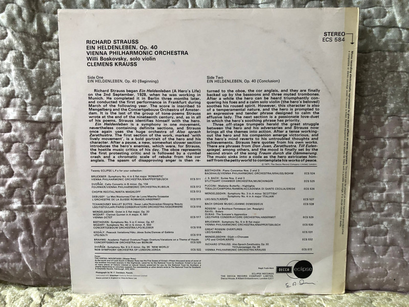 Richard Strauss: Ein Heldenleben - Vienna Philharmonic Orchestra, Willi Boskovsky (solo violin), Clemens Krauss / Decca LP Stereo / ECS 584
