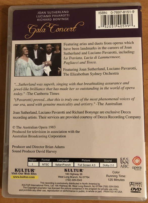 Gala Concert  THE ELIZABETHAN SYDNEY ORCHESTRA  CONDUCTED BY RICHARD BONYNGE  Opera Australia  JOAN SUTHERLAND, LUCIANO PAVAROTTI, RICHARD BONYNGE  DVD Video (032031405998)