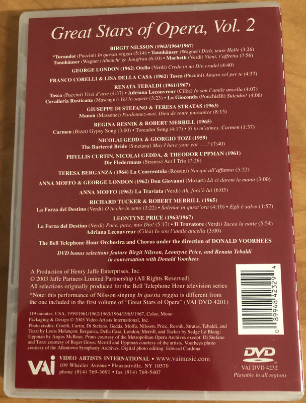 Great Stars of Opera, Vol. 2 - Telecasts from the Bell Telephone Hour 1959-1967  Anna Moffo, Birgit Nilsson  DVD Video (089948423294)