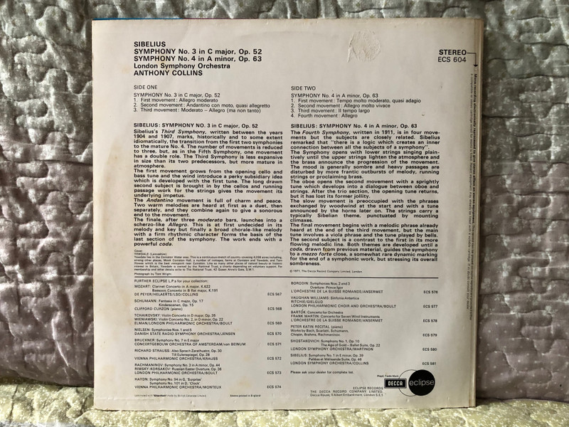 Sibelius - Symphony No. 3 In C Major; Symphony No. 4 In A Minor - London Symphony Orchestra, Anthony Collins / Decca LP 1971 Stereo / ECS 604