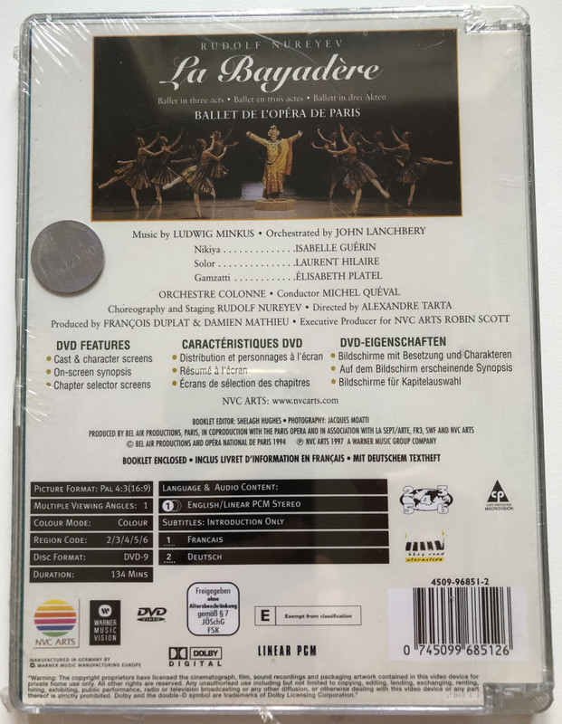 La Bayadère  Royal Opera House  BALLET DE L'OPÉRA DE PARIS  RUDOLF NUREYEV  ISABELLE GUÉRIN, LAURENT HILAIRE, ÉLISABETH PLATEL  DVD Video (0745099685126)
