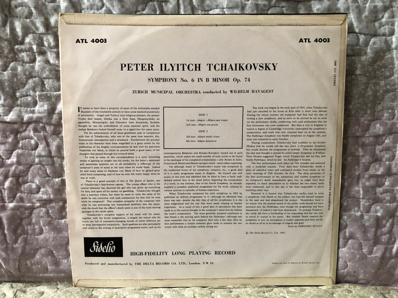Tchaikovsky - Symphony 6 Pathetique / Fidelio LP / ATL 4003