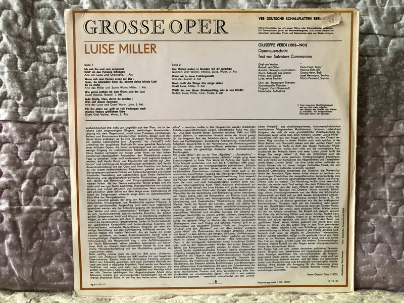 Luise Miller - Giuseppe Verdi - Maria Cebotari, Helena Rott, Hans Hopf, Josef Herrmann, Georg Hann, Chor der Staatsoper Dresden, Staatskapelle Dresden, Carl Elmendorff / Grosse Oper / ETERNA LP Stereo 1971 / 8 20 183