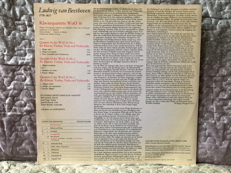 Ludwig van Beethoven: Klavierquartette WoO 36 - Emil Leichner, Josef Vlach, Josef Koďousek, Viktor Moučka / Ludwig van Beethoven Gesamtausgabe / ETERNA LP Stereo 1977 / 8 26 915