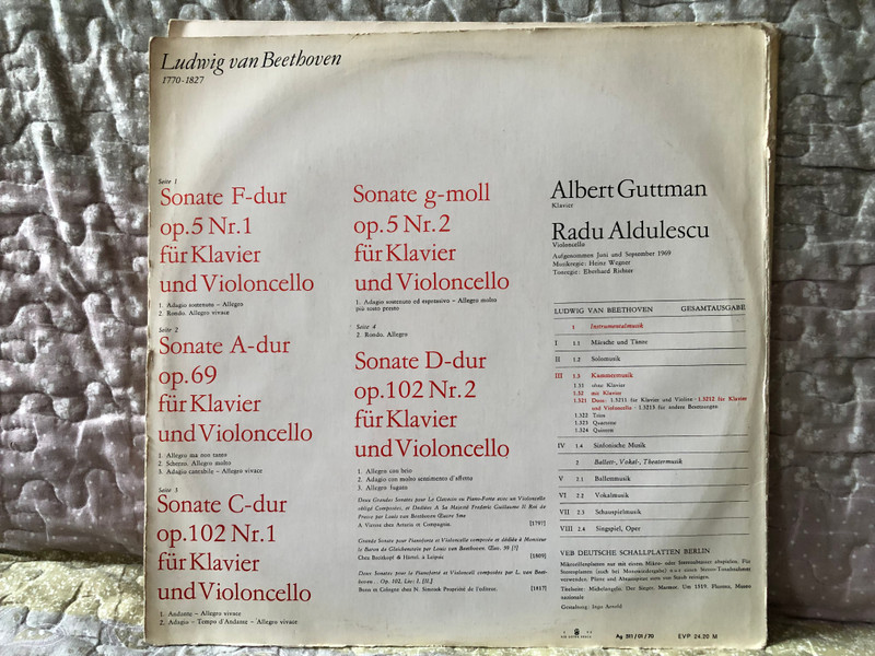 Ludwig van Beethoven - Sonaten Für Klavier Und Violoncello F-dur Op. 5 Nr.1; G-moll Op. 5 Nr. 2; A-dur Op. 69; C-dur Op. 102 Nr. 1; D-dur Op. 102 Nr. 2 - Radu Aldulescu (violoncello), Albert Guttman (klavier) / ETERNA 2x LP Stereo 1970 / 8 26 082-083