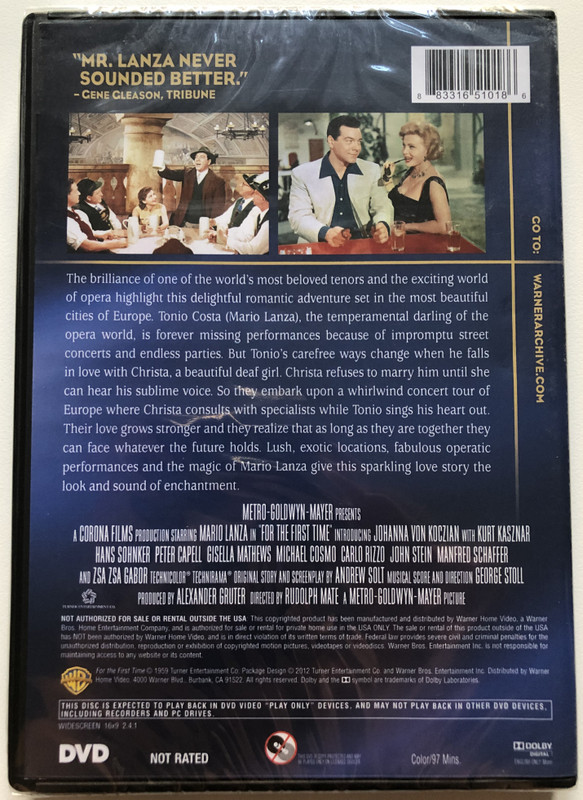 For the First Time - Mario Lanza  Director Rudolph Mate  Actors Mario Lanza, Zsa Zsa Gabor  Warner Brothers - Archive Collection  DVD Video (883316510186)