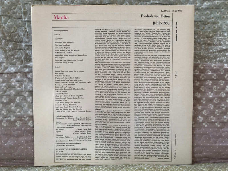 Friedrich von Flotow: Martha - Erna Berger, Hetty Plümacher, Walther Ludwig, Peter Anders, Gustav Neidlinger, Josef Greindl, Lore Wissmann, Else Tegetthoff / ETERNA LP 1970 / 8 20 699