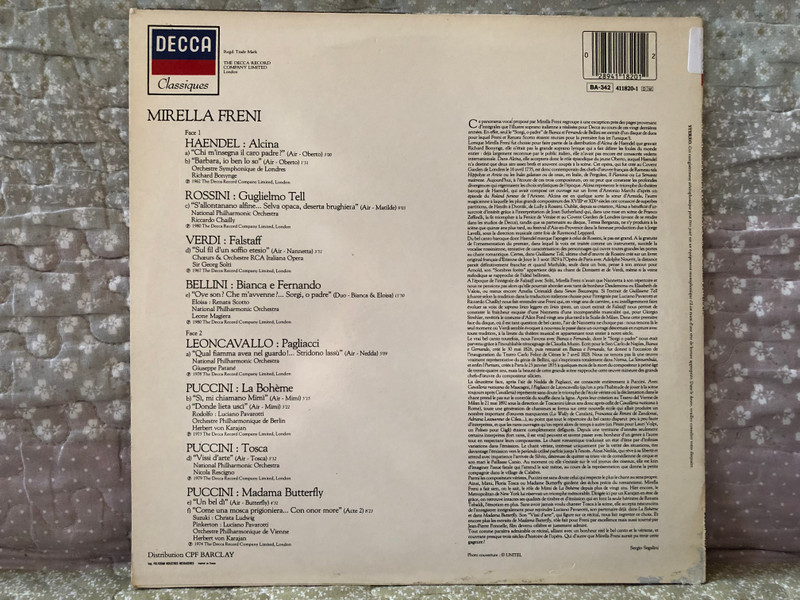 Mirella Freni - Alcina; Bianca e Fernando; Falstaff; Guglielmo Tell; La Boheme; Madama Butterfly; Pagliacci; Tosca / Decca LP / BA-342