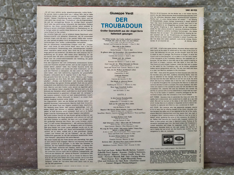 Giuseppe Verdi: Der Troubadour (Großer Querschnitt) - Franco Corelli, Gabriella Tucci, Giulietta Simionato, Robert Merrill, Chor und Orchester Der Oper Rom, Dirigent Thomas Schippers / Electrola LP / SME 80 925 