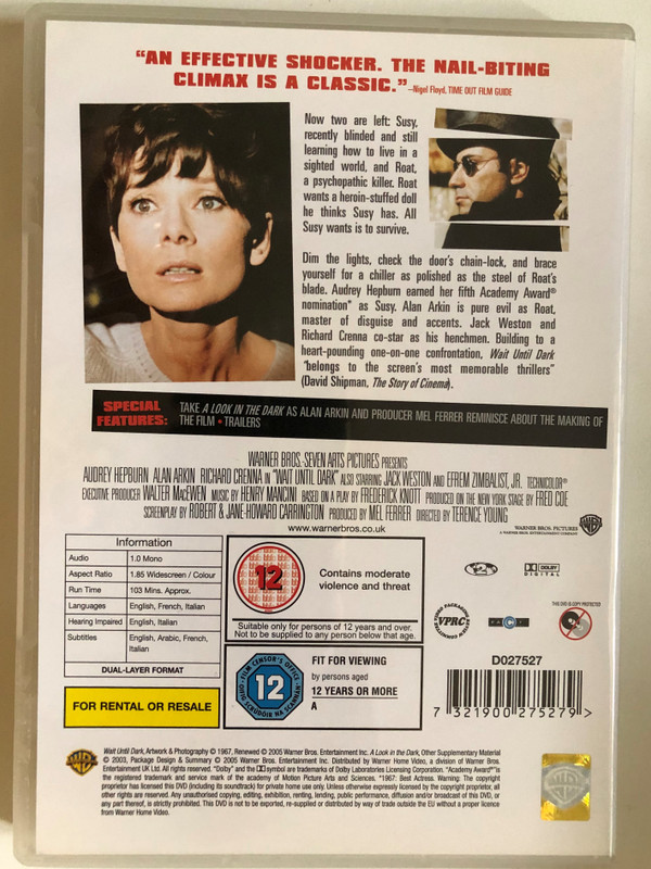 Wait Until Dark / Academy Award winner Audrey Hepburn / SPECIAL FEATURES: TAKE A LOOK IN THE DARK AS ALAN ARKIN AND PRODUCER MEL FERRER REMINISCE ABOUT THE MAKING OF THE FILM TRAILERS / DVD (7321900275279)