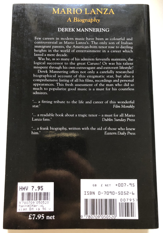 Mario Lanza A Biography  Derek Mannering  Foreword by Jose Carreras  S & B Publishing 1992  Paperback (9780709050520)