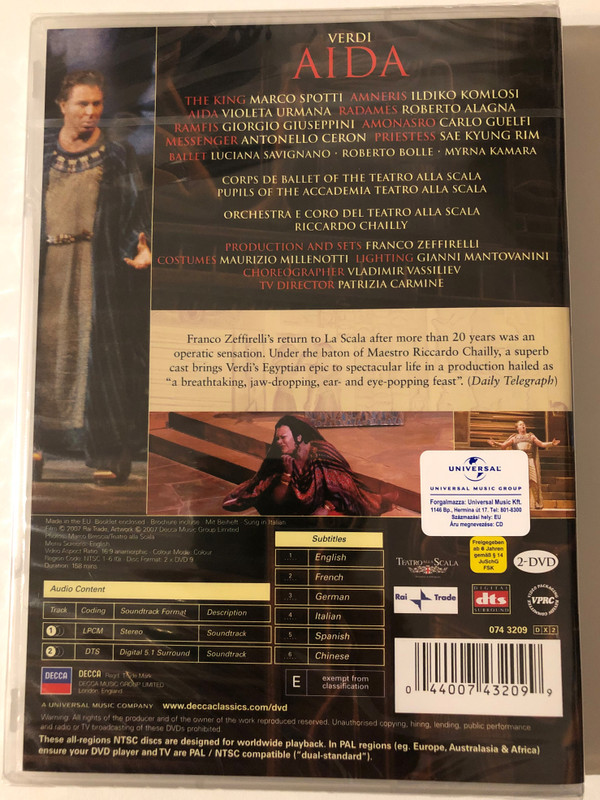 Giuseppe Verdi - Aida 2 DVD Set / CORPS DE BALLET OF THE THEATER AT THE SCALA / PUPILS OF THE SCALA THEATER ACADEMY ORCHESTRA AND CHORUS OF THE SCALA THEATER / Conductor: RICCARDO CHAILLY / DVD (044007432099)