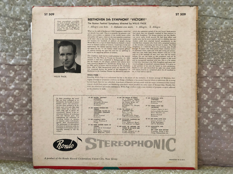 Beethoven 5th Symphony "Victory" - The Boston Festival Orchestra, Directed by Willis Page / Rondo Gold Series LP Stereo / ST 509