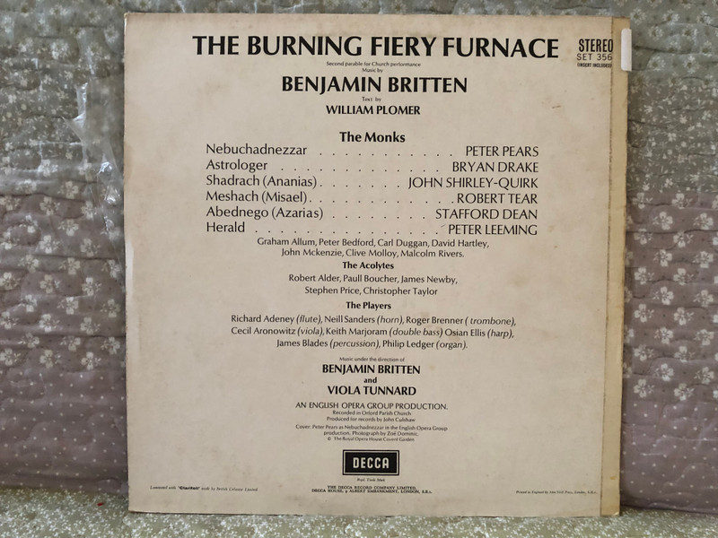Britten: The Burning Fiery Furnace - Pears, Drake, Shirley-Quirk, Tear, Dean, Leeming, English Opera Group, Music under the direction of Benjamin Britten and Viola Tunnard / Decca LP Stereo / SET 356