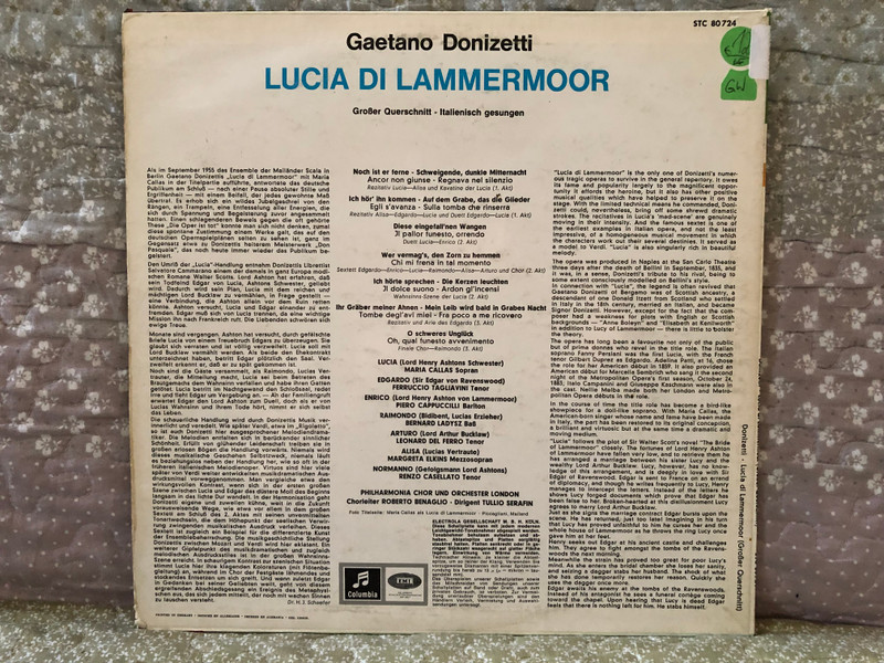Gaetano Donizetti: Lucia Di Lammermoor (Großer Querschnitt) - Maria Callas, Ferruccio Tagliavini, Piero Cappuccilli, Bernard Ladysz, Philharmonia Orchestra London, Dirigent: Tullio Serafin / Columbia LP / STC 80 724