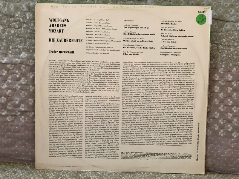 Wolfgang Amadeus Mozart – Die Zauberflöte (Großer Querschnitt) - Lipp, Dermota, Kunz, Seefried, Weber, Loose, Herbert Von Karajan / Columbia LP / C 80 532