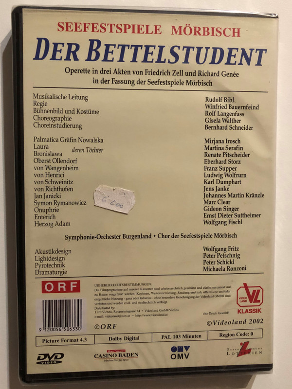 Millocker: Der Bettelstudent (The Beggar Student) / Operetta in three acts by Friedrich Zell and Richard Genée / Symphony Orchestra Burgenland / Choir of the Mörbisch Lake Festival / Dramaturgy: Wolfgang Fritz / DVD (9120056506330)