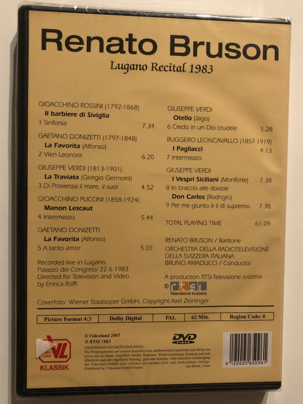 Various Composers - Renato Bruson: Lugano Recital, 1983 / GIUSEPPE VERDI - GIOACCHINO ROSSINI - GAETANO DONIZETTI - RUGGERO LEONCAVALLO - GIOACCHINO PUCCINI / SWITZERLAND-ITALIAN RADIO-TELEVISION ORCHESTRA BRUNO AMADUCCI / DVD (9120005650961)