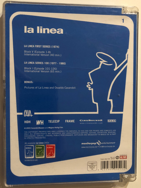La Linea Vol.1 / LA LINEA FIRST SERIES (1974) / Block V (Episode 1-8) / THE 100 SERIES LINE (1977 - 1980) / Block I (Episode 101-126) / BONUS: Pictures of La Linea and Osvaldo Cavandoli / DVD (4042564005172)