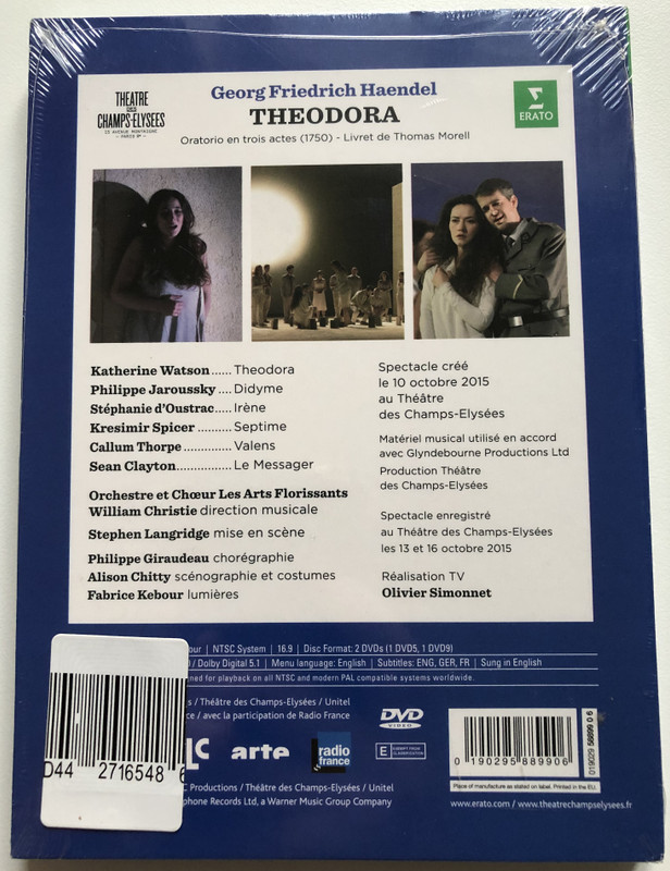 Handel Theodora  Katherine Watson, Philippe Jaroussky, Stéphanie d'Oustrac, Kresimir Spicer, Callum Thorpe  Theatre des Champs-elysees  Erato  DVD Video (01902958899061)