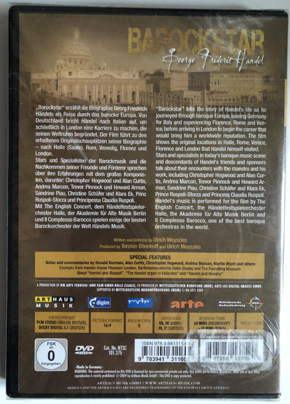 Barockstar - George Frideric Handel  With Howard Arman, Donald Burrows, Alan Curtis, Christopher Hogwood, Andrea Marcon, Sandrine Piau, Trevor Pinnock, Christine Schäfer  ArtHaus Musik  DVD Video (807280137590)