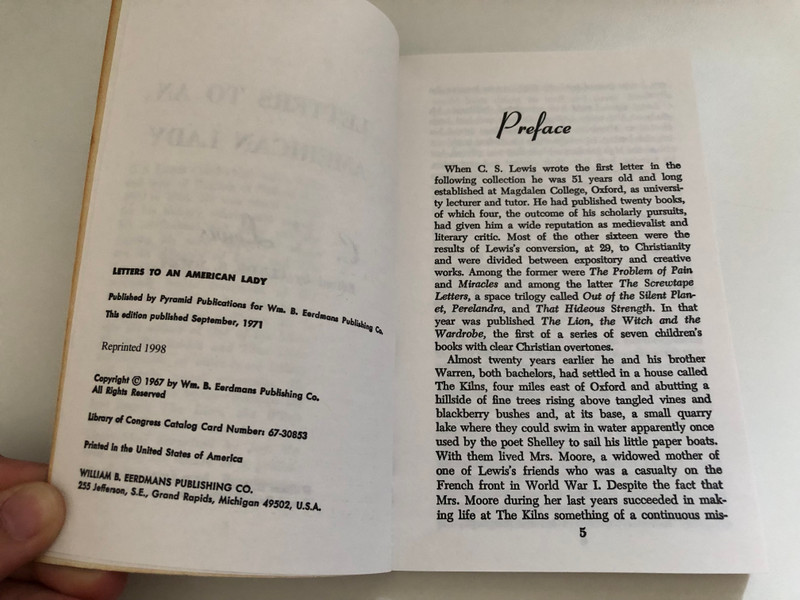Letters to an American Lady by C. S. Lewis / Published by Pyramid Publications for Wm. B. Eerdmans Publishing Co. / This edition published September, 1971 / Reprinted 1998