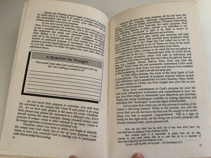 Establishing Your Purpose - Ministry in the Marketplace  Copyright 1986 by The Navigators Colorado Springs, Colorado  Reprinted by Permission Vision Foundation, Inc  Printed in the United States of America