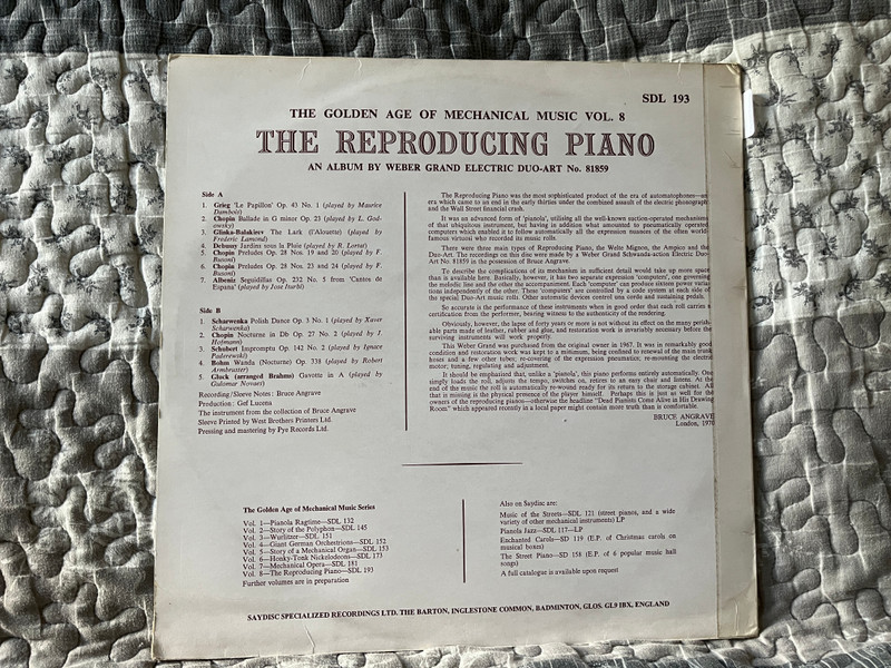 The Reproducing Piano / The Golden Age Of Mechanical Music Vol. 8 / A recital by the great classical pianists of the past performed on a Weber grand electric duo-art / Saydisc LP / SDL 193