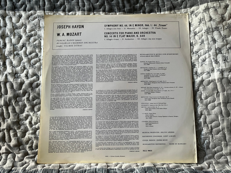Haydn - Symphony in E minor, Hob. I:44, Mozart - Piano Concerto in E flat major, K. 449 - Ferenc Rados (piano), Hungarian Chamber Orchestra, Leader: Vilmos Tatrai / Hungaroton's Music For Everybody / Hungaroton LP Stereo, Mono / HLX 90031