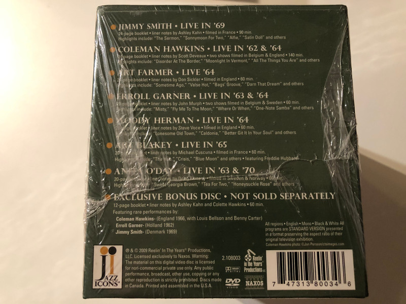 Jazz Icons: Series Four 8 DVD Set / JIMMY SMITH LIVE - COLEMAN HAWKINS LIVE - ART FARMER LIVE - ERROLL GARNER LIVE IN - WOODY HERMAN LIVE - ART BLAKEY LIVE- ANITA O'DAY LIVE / EXCLUSIVE BONUS DISC / DVD (747313800346)