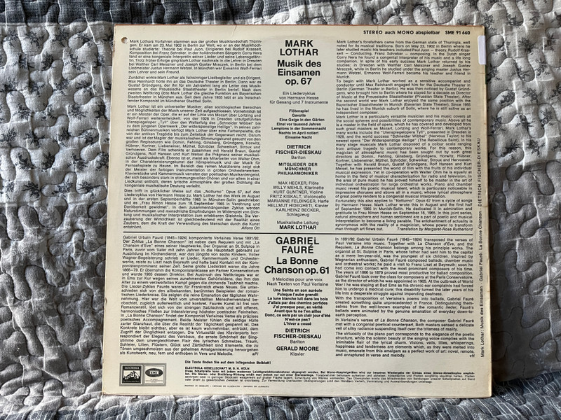 Mark Lothar: Musik Des Einsamen Op. 67 Ein Liederzyklus Von Hermann Hesse Für Gesang Und 7 Instrumente / Mitglieder der Münchner Philharmoniker, Dietrich Fischer-Dieskau, Gerald Moore (klavier) / Die Stimme Seines Herrn LP Stereo, Mono / SME 91 660