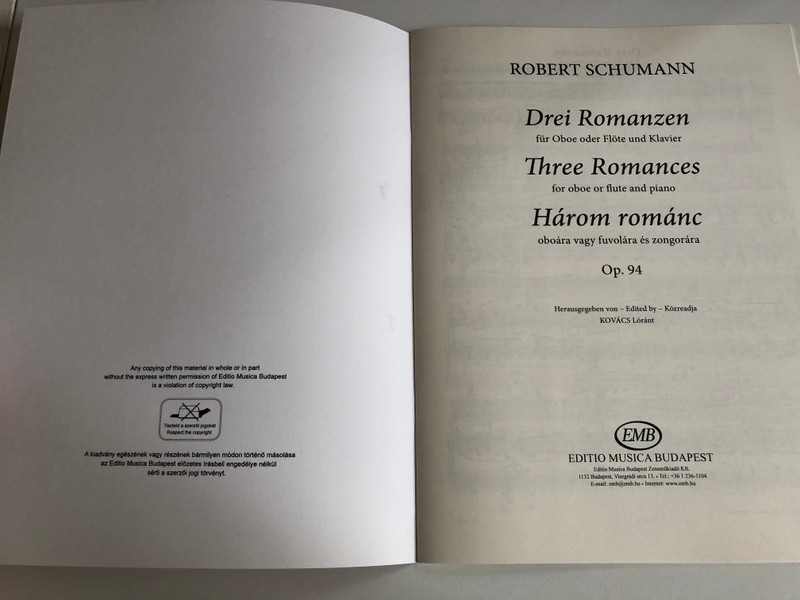 Three Romances for oboe or flute and piano Op. 94 (Flute and Piano, Oboe and Piano)  SCHUMANN  EDITIO MUSICA BUDAPEST Z. 12 841, 1985  Paperback (9790080128411)