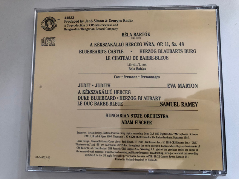 Bartók: Bluebeard’s Castle = Herzog Blaubarts Burg = Le Château De Barbe-Bleue - Eva Marton, Samuel Ramey, Hungarian State Orchestra, Adam Fischer / CBS Masterworks Audio CD Stereo 1988 / MK 44523