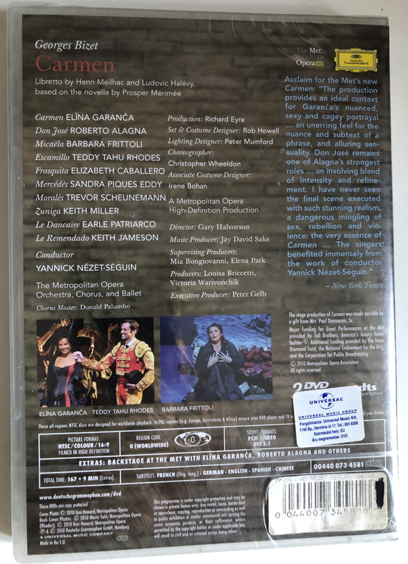 Bizet Carmen  Actors Elina Garanca, Roberto Alagna  Directors Richard Eyre, Gary Halvorson  Deutsche Grammophon 2010  DVD Video (0044007345818)