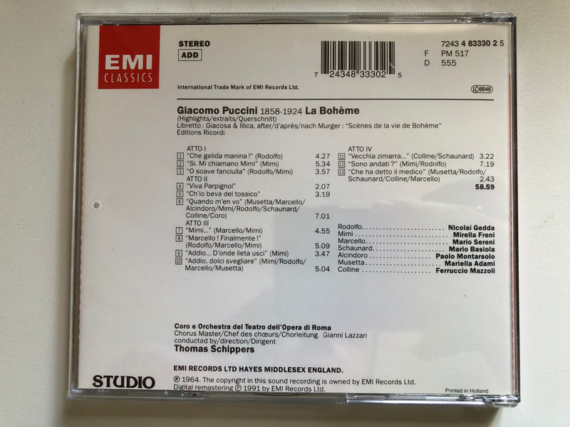 Puccini: La Bohème Highlights/Extraits/Querschnitt - Freni, Gedda, Coro E Orchestra Del Teatro Dell'Opera Di Roma, Schippers / EMI Classics Audio CD 1991 Stereo / 724348333025