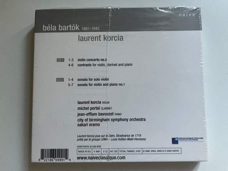 Béla Bartók, Laurent Korcia: BartóKorcia - Inclus Contrastes Avec Michel Portal, Jean-Efflam Bavouzet / Naïve 2x Audio CD 2005 / V 4991