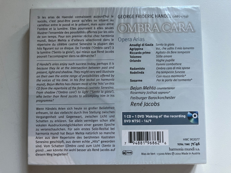 Ombra Cara: Arias Of George Frideric Handel - Bejun Mehta, Freiburger Barockorchester, Rene Jacobs / Harmonia Mundi Audio CD + DVD CD 2010 / HMC 902077