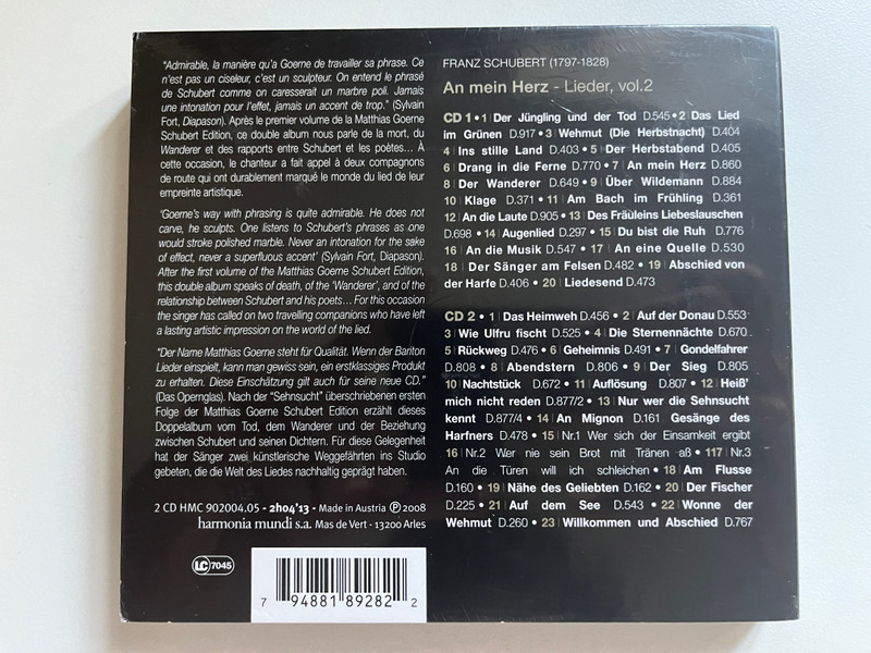 Schubert: An Mein Herz - Matthias Goerne, Helmut Deutsch, Eric Schneider (piano) / Matthias Goerne Schubert Edition – Vol. 2 / Harmonia Mundi 2x Audio CD 2008 / HMC902004.05