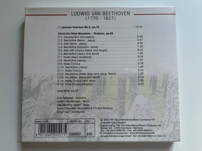 Ludwig van Beethoven: Christ On Olive Mountain, Leonore Overture No. 2 - Chorus Soranus, Torun Chamber Orchestra, Knud Vad / Scandinavian Classics Audio CD 2002 / 220557-205