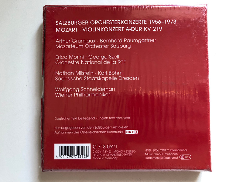 Mozart: Violinkonzert A-Dur KV 219 - Arthur Grumiaux, Erica Morini, Nathan Milstein, Wolfgang Schneiderhan / Live Recordings 1956–1973 / Festspieldokumente / Orfeo 2x Audio CD, Box Set, Mono-Stereo 2006 / C 713 0621