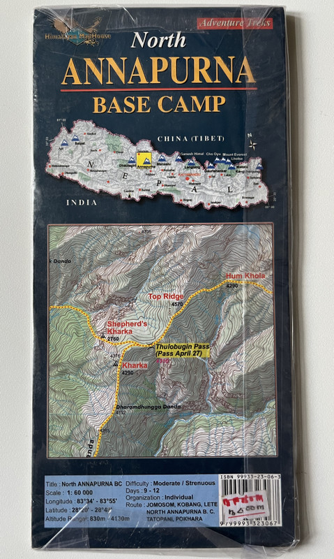 North ANNAPURNA BASE CAMP  160 000  on M. Herzog's footsteps across THULOBUGIN PASS Pass April 27  With detailed trails - walking distances - altitudes  Himalayan Map House (9993323063)
