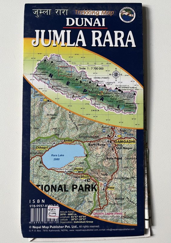 DUNAI JUMLA RARA  1125 000  PAPA NATIONAL PARK  Trekking Map  जुम्ला रारा  Nepal Map Publisher Pvt. Ltd. (9789937818070)