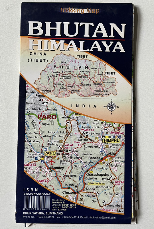 BHUTAN HIMALAYA  Country map of Bhutan including all trekking routes  SCALE 1375,000  MADE IN BHUTAN  DRUK YATHRA, BUMTHANG (9789937818087)