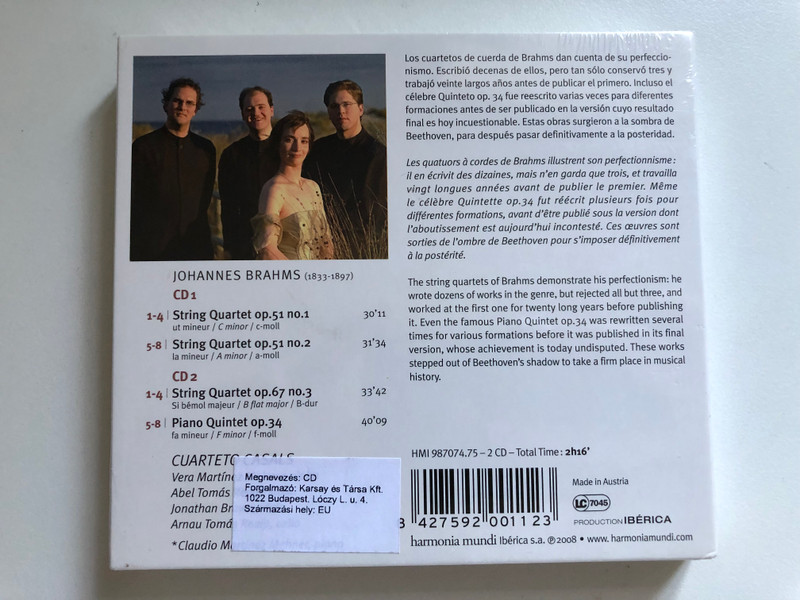 Brahms: The String Quarters - Piano Quintet Op. 34 / Cuarteto Casals, Claudio Martinez Mehner (piano) / Harmonia Mundi 2x Audio CD 2008 / HMI 987074.75