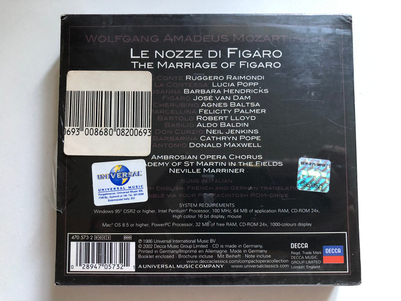 Mozart: Le Nozze Di Figaro - Van Dam, Hendricks, Raimondi, Popp, Marriner / The Compact Opera Collection / Decca 3x Audio CD, Box Set 2002 / 470 573-2