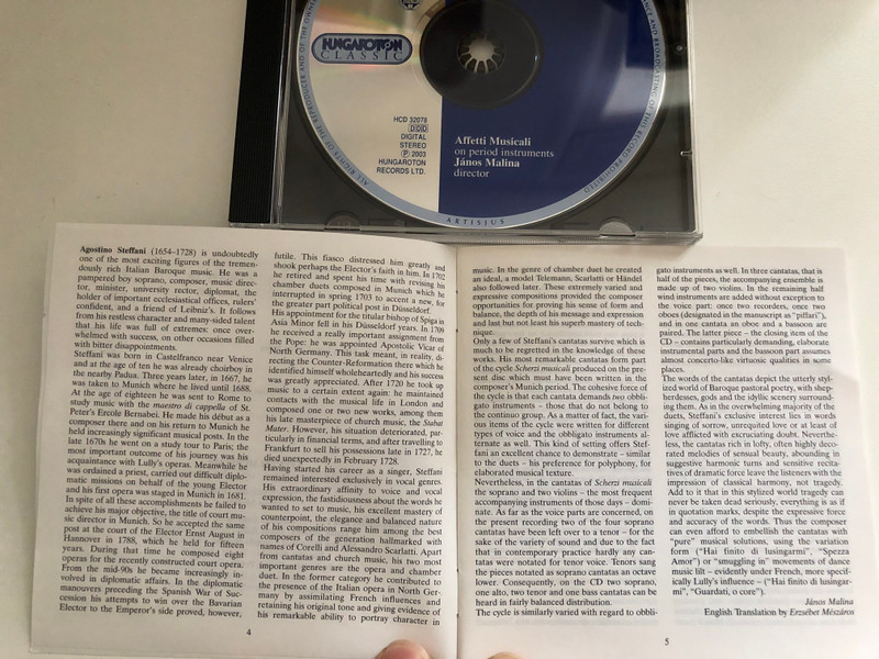 Agostino Steffani: Scherzi Musicali - Affetti Musicali On Period Instruments, Janos Malina (director) / Hungaroton Classicc Audio CD 2003 Stereo / HCD 32078