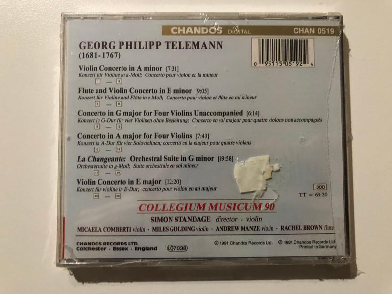 Telemann: La Changeante Vol.1 - Collegium Musicum 90, Simon Standage (director) / Chandos Audio CD 1991 / CHAN 0519