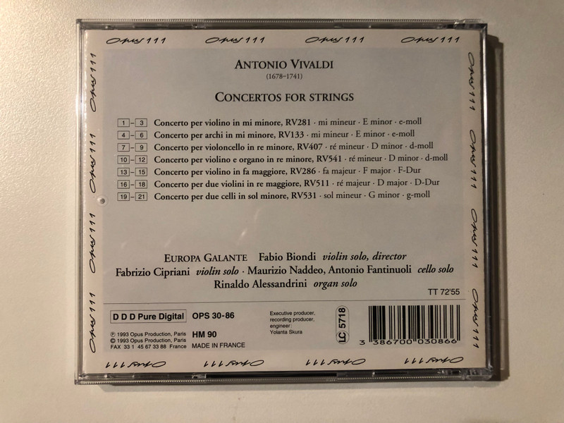 Vivaldi - Concerti RV 133, 281, 286, 407, 511, 531, 541 - L'Europa Galante, Fabio Biondi (direttore) / Opus 111 Audio CD 1993 / OPS 30-86