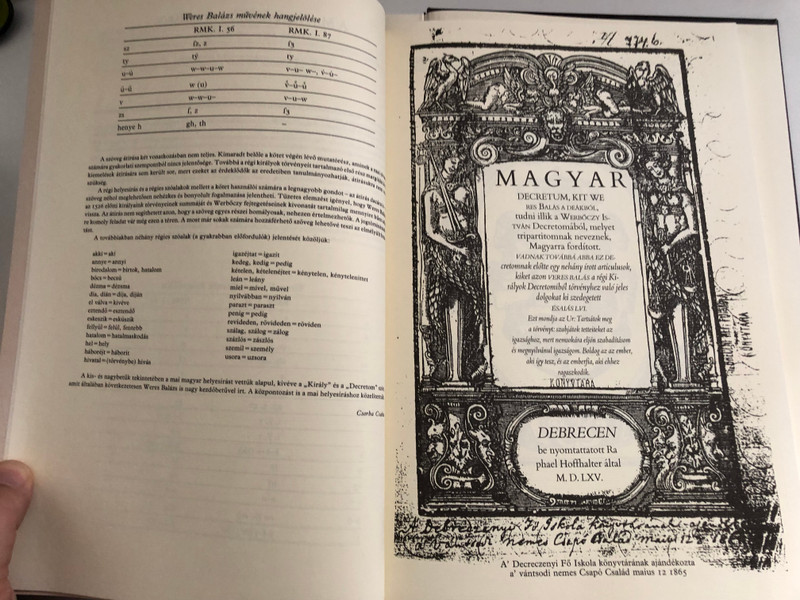 MAGYAR DECRET VM  Csorba Csaba Magyar decretum, kit Weres Balás a deákból, tudni illik a Werbőczy István Decretomából, melyet tripartitomnak neveznek  Magyarra fordított  Miskolc, 1991  Hardcover
